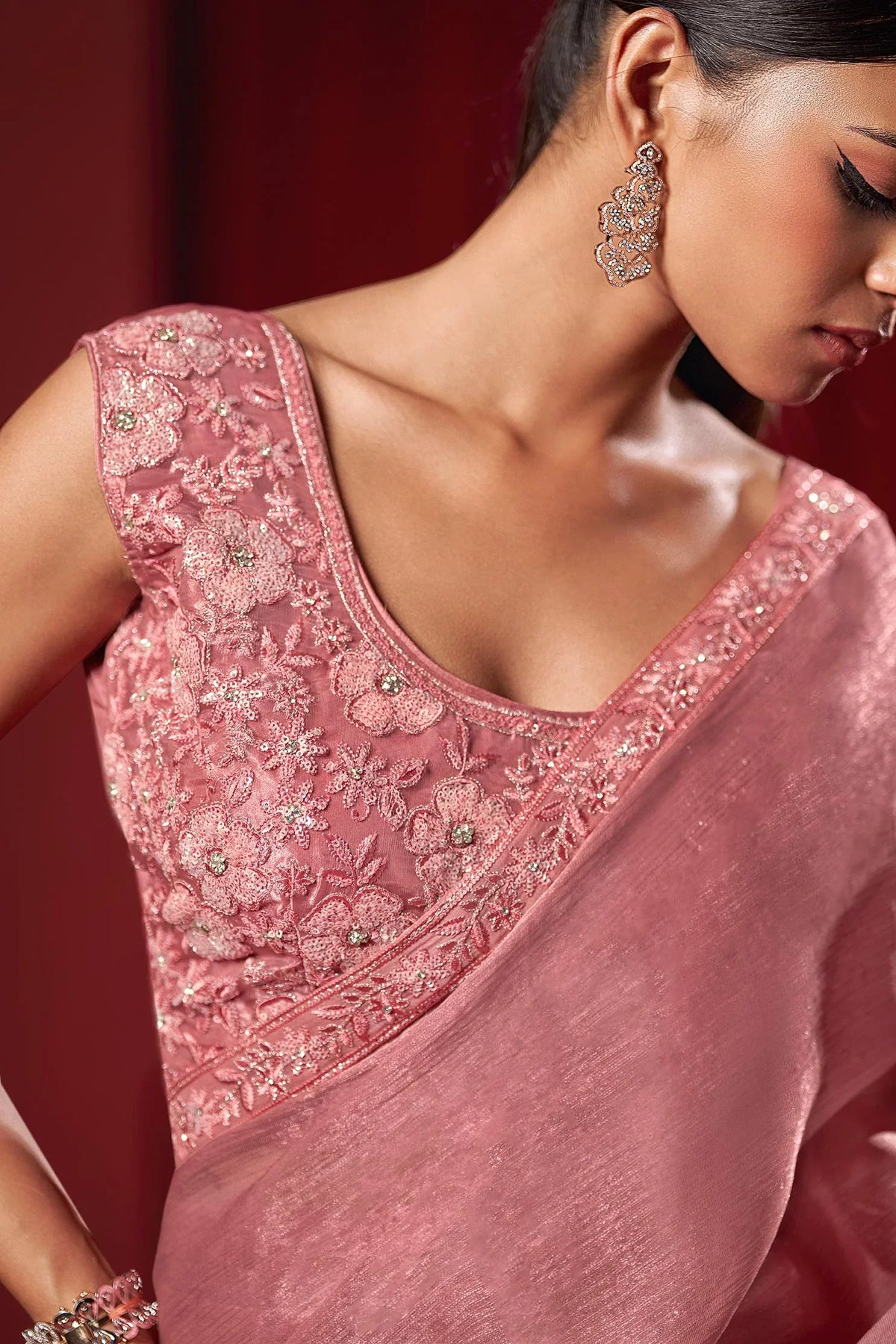 Laxmipati Ready to Wear (SS*) Cherry Pink Embroidered Georgette Saree