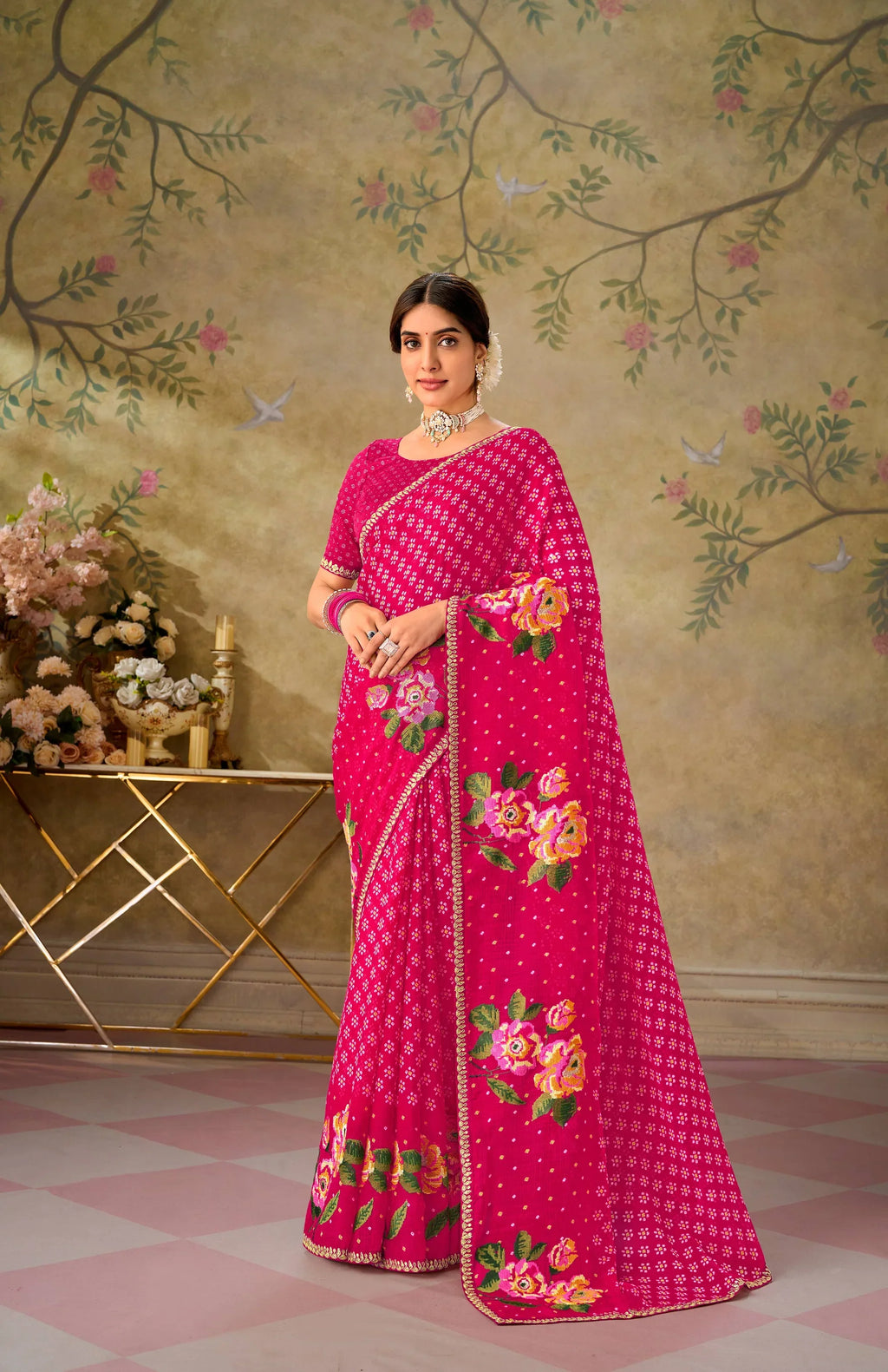 Laxmipati Shakkar Pink Chiffon Embroidered Saree