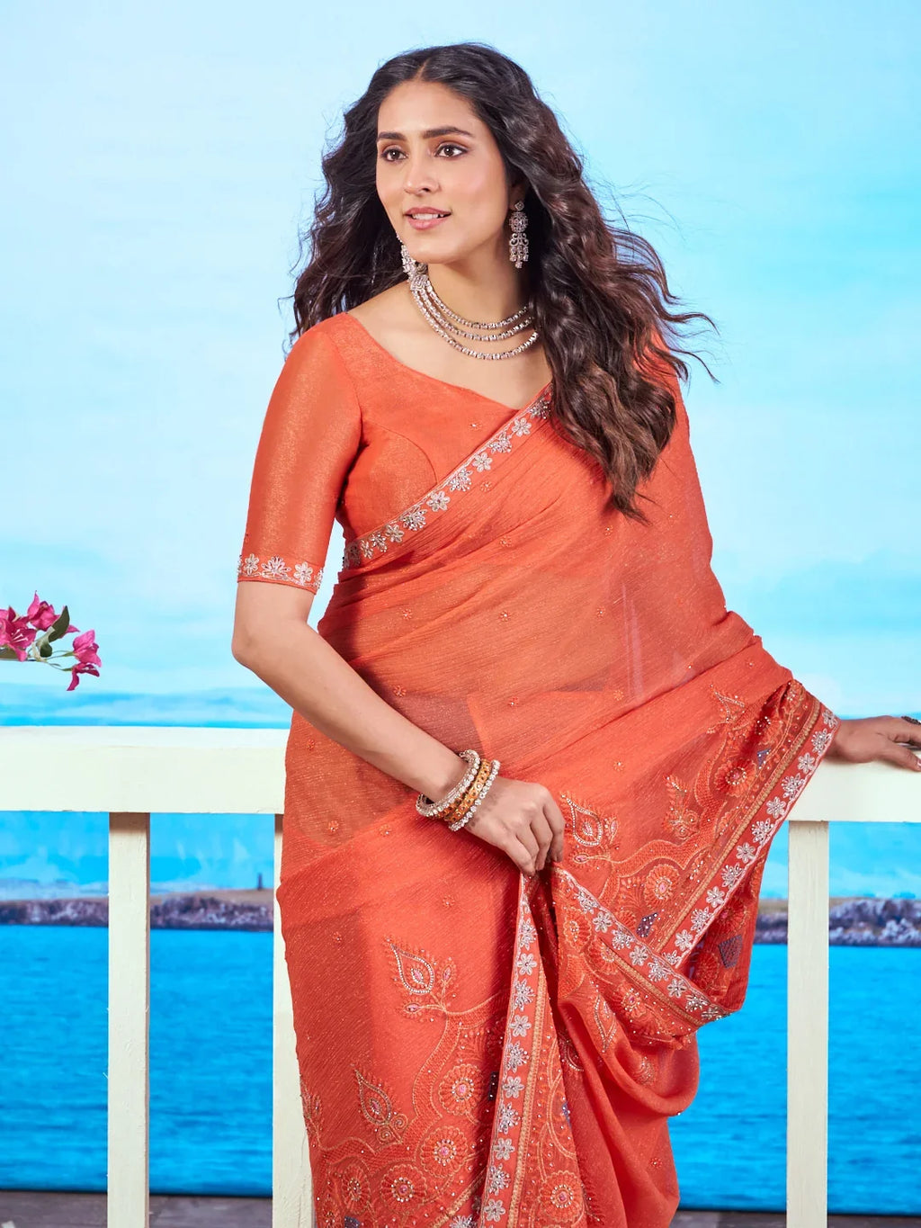 Laxmipati Navya Orange Chiffon Embroidered Saree