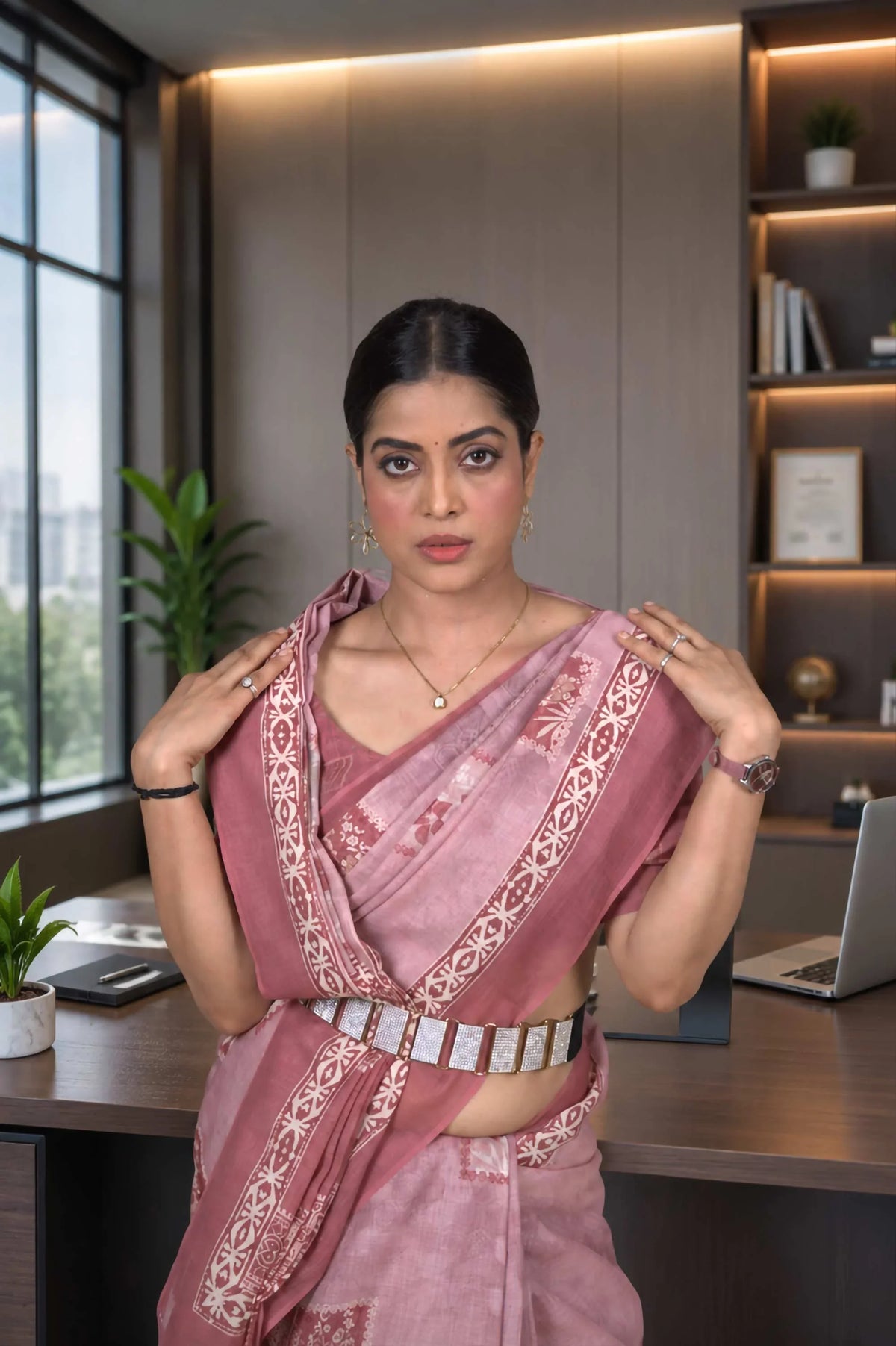 Laxmipati Power Pleats Pink Linen Geometric Printed Saree