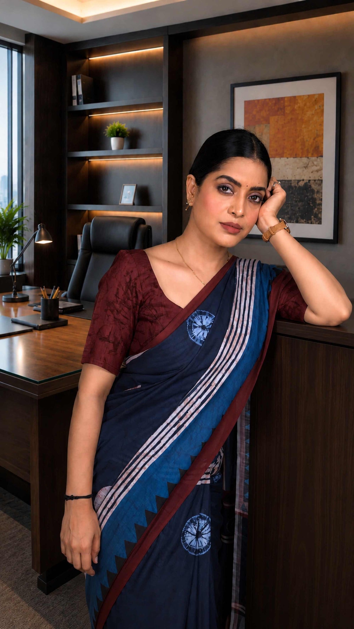 Laxmipati Power Pleats Blue Cotton Blend Geometric Printed Saree