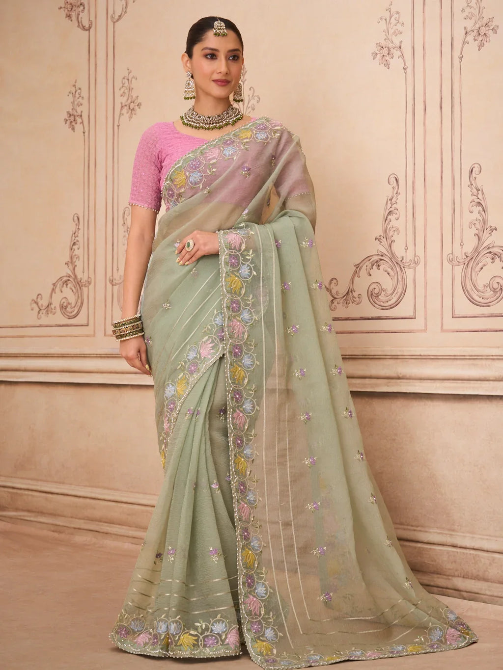 Laxmipati Mehfil Green Tissue Organza Embroidered Saree