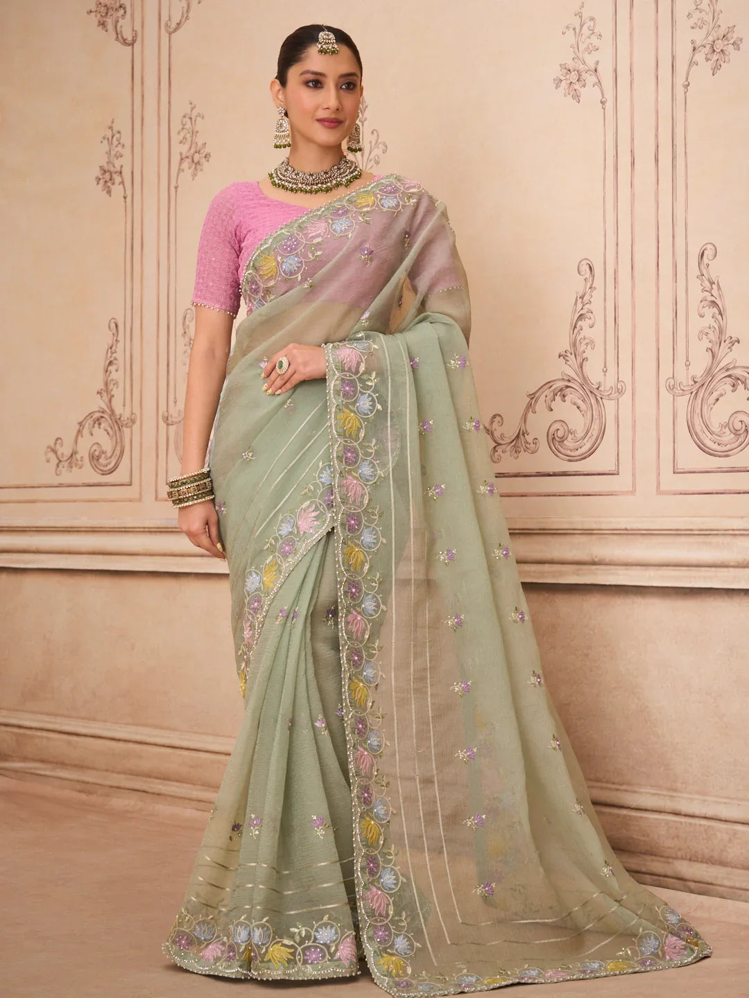 Laxmipati Mehfil Green Tissue Organza Embroidered Saree
