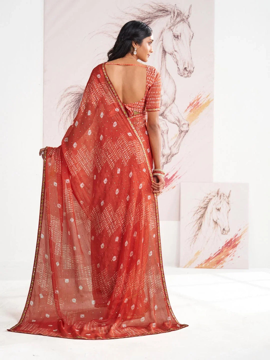 Laxmipati Murli Orange Chiffon Geometric Printed Saree