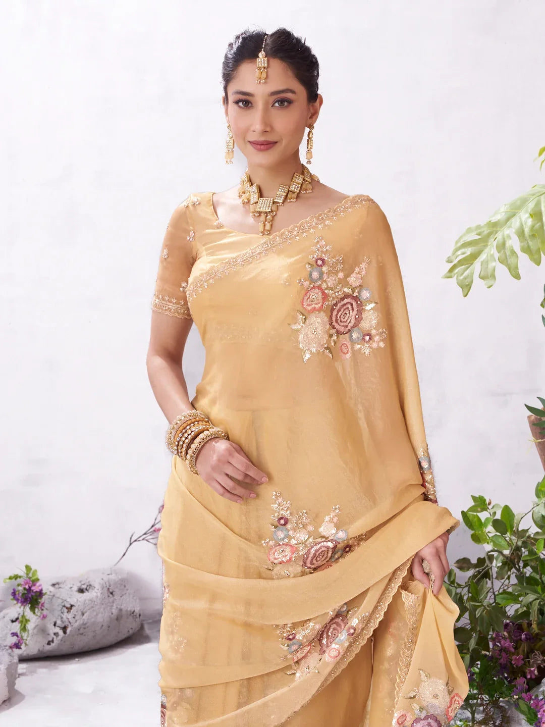Laxmipati Malini Brown Silk Blend Embroidered Saree