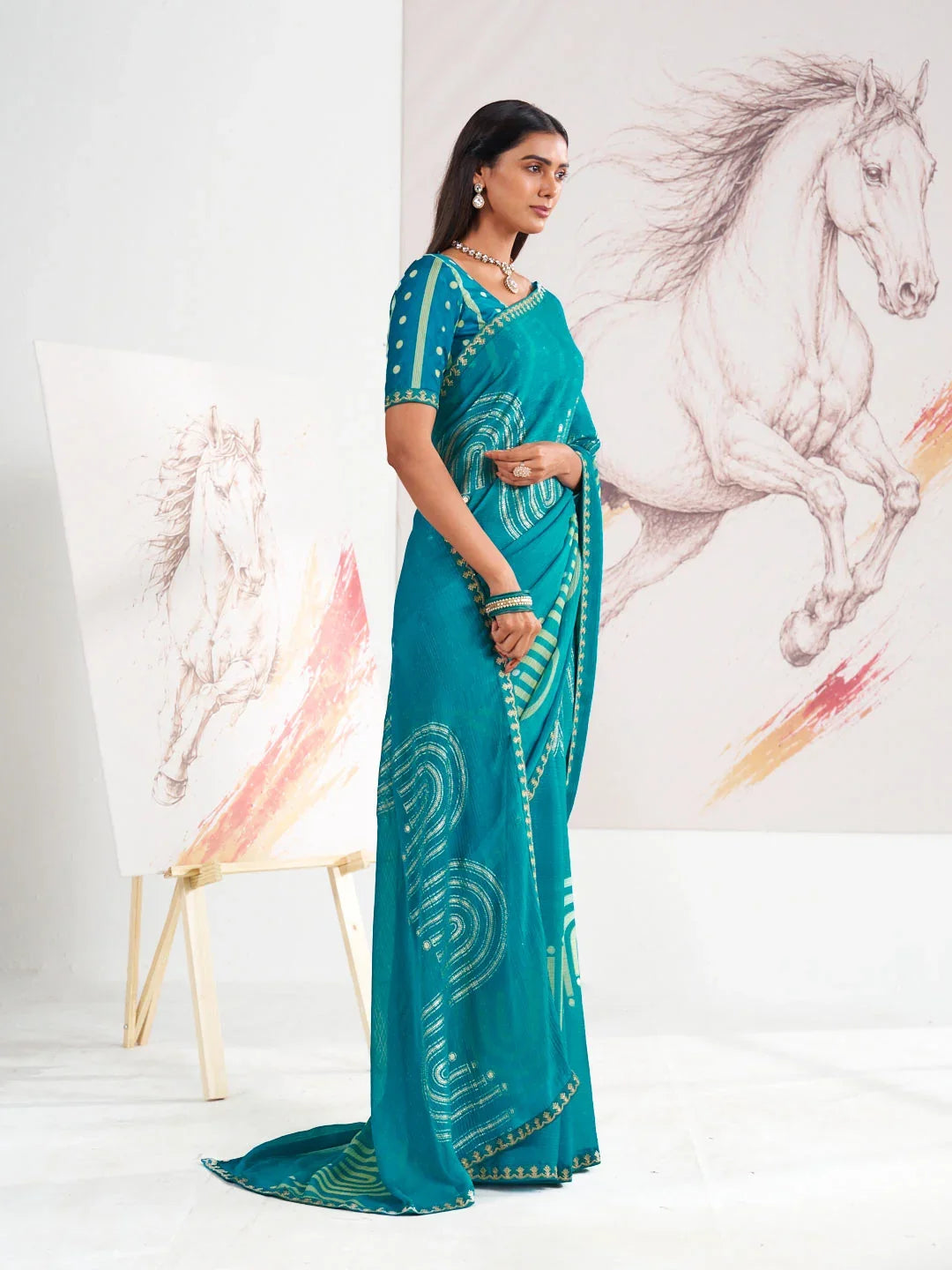 Laxmipati Murli Blue Chiffon Geometric Printed Saree
