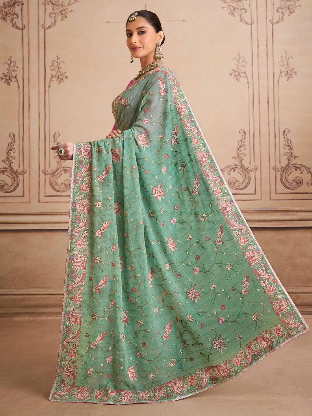 Laxmipati Mehfil Green Chiffon Embroidered Saree