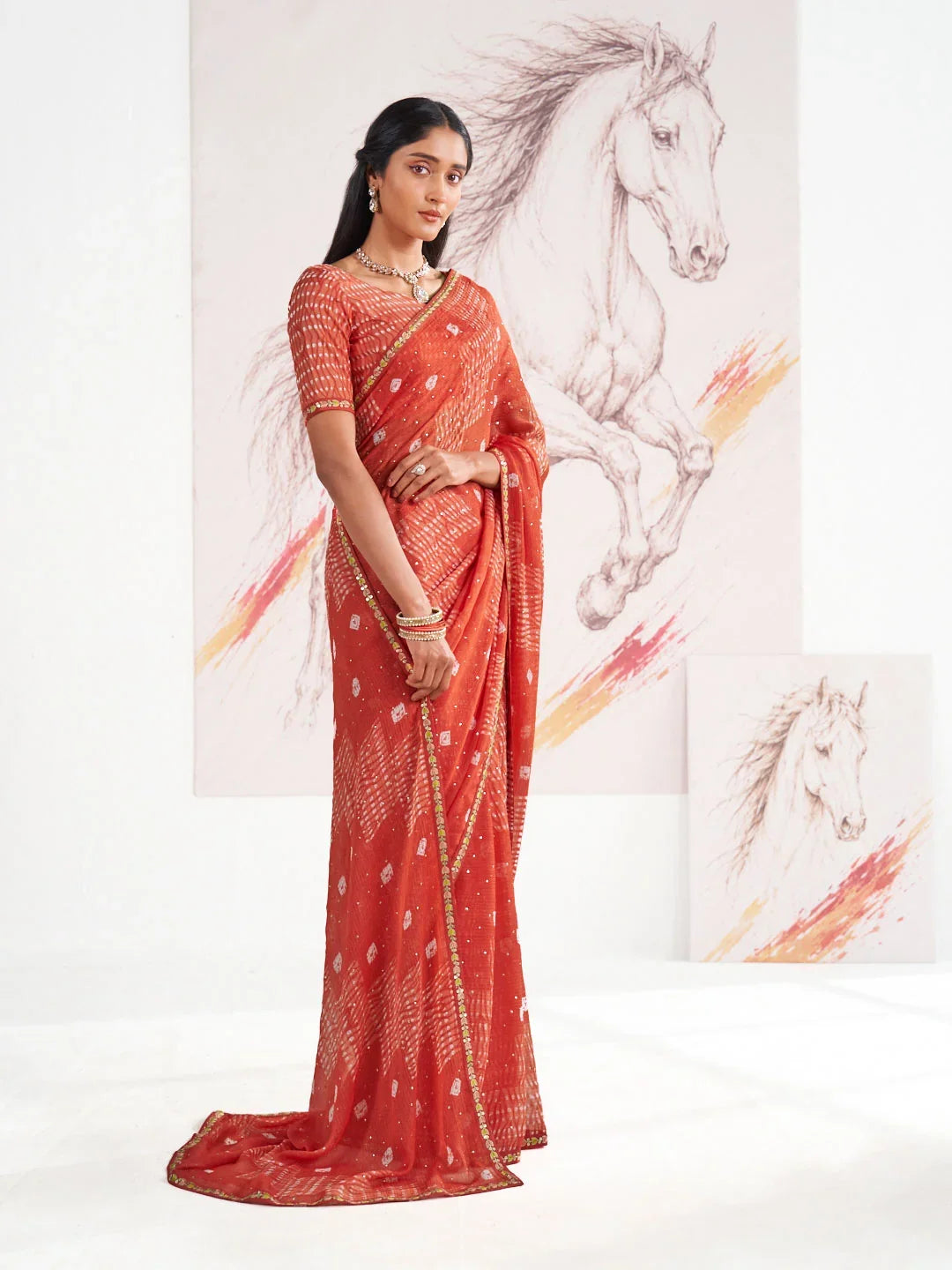 Laxmipati Murli Orange Chiffon Geometric Printed Saree