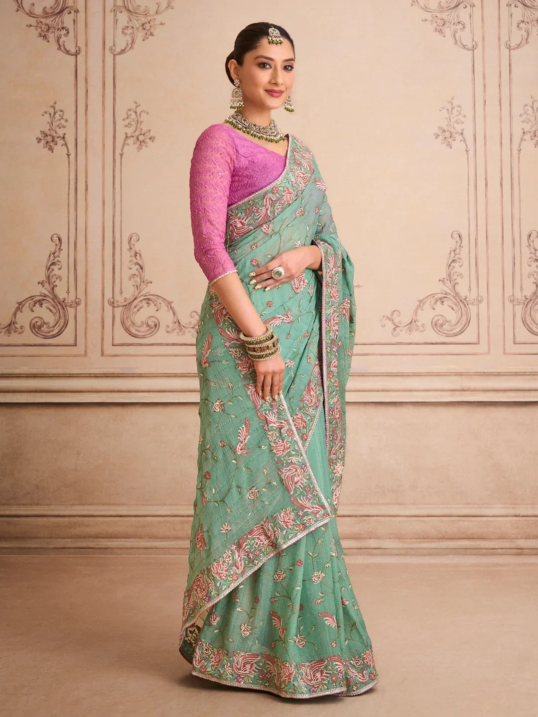 Laxmipati Mehfil Green Chiffon Embroidered Saree