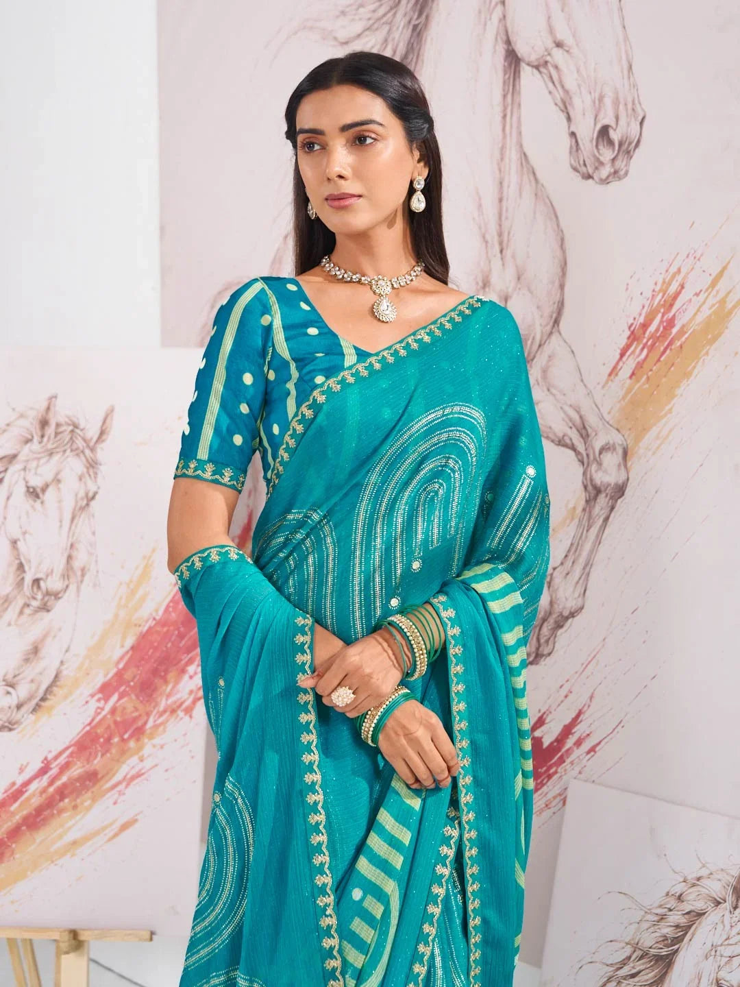 Laxmipati Murli Blue Chiffon Geometric Printed Saree
