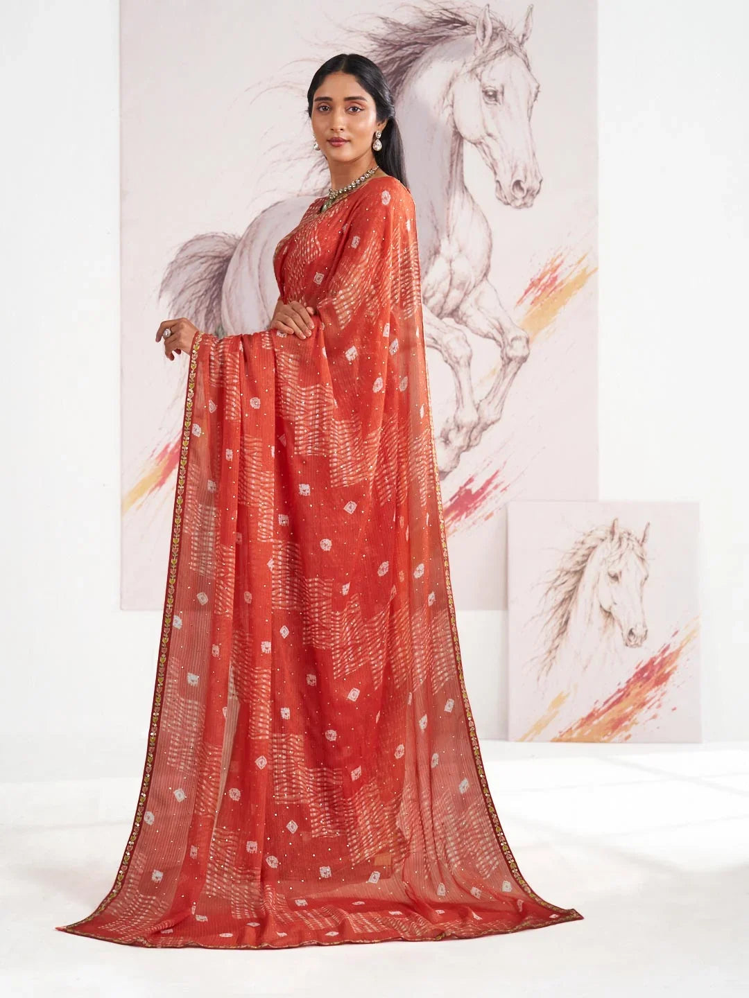 Laxmipati Murli Orange Chiffon Geometric Printed Saree