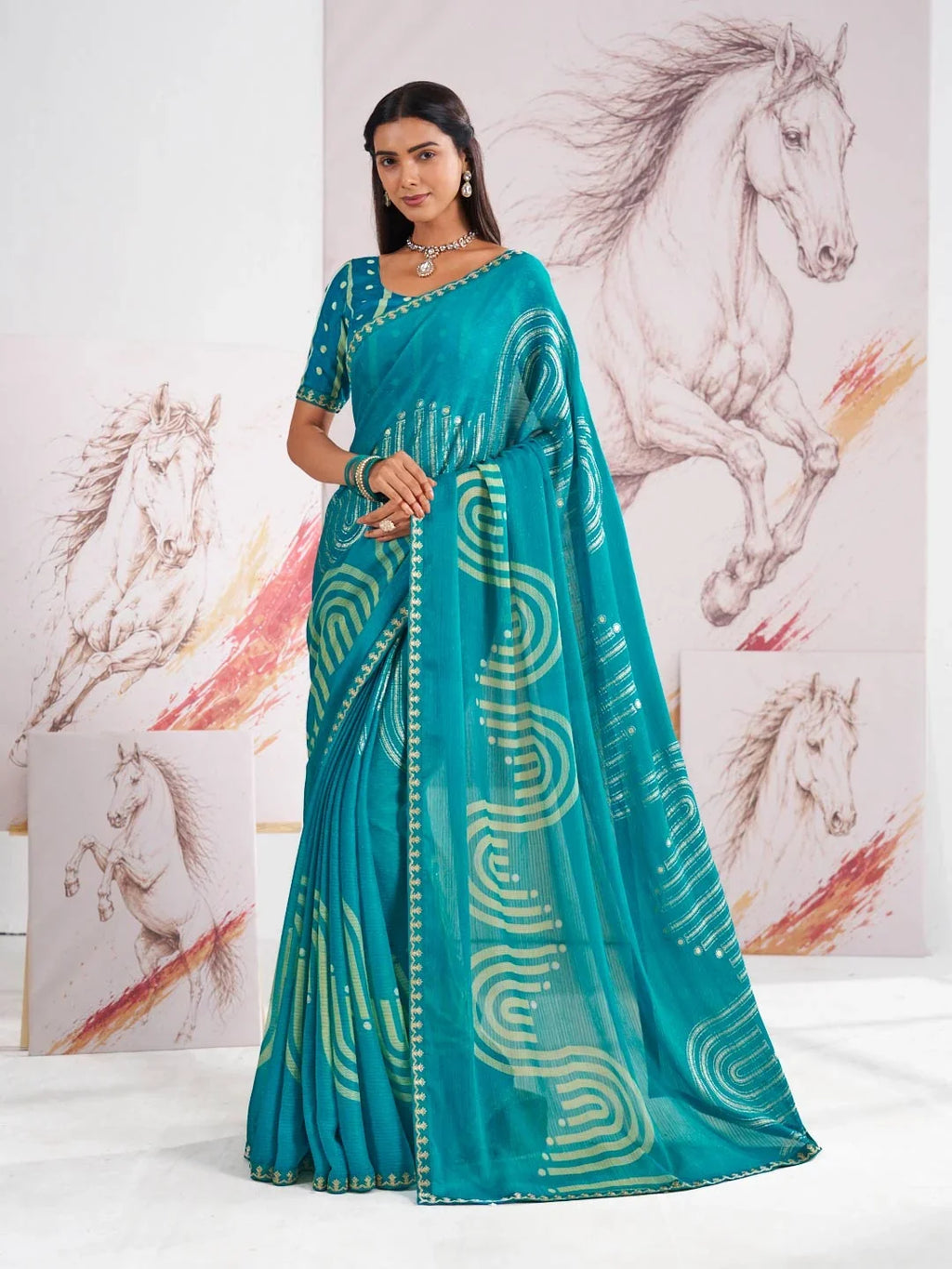 Laxmipati Murli Blue Chiffon Geometric Printed Saree