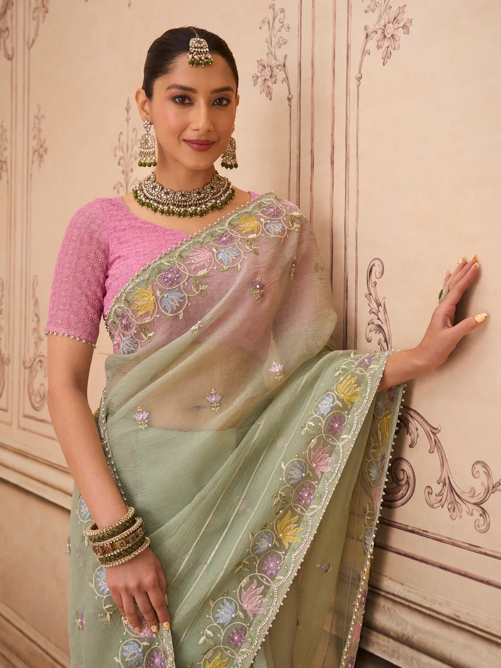 Laxmipati Mehfil Green Tissue Organza Embroidered Saree