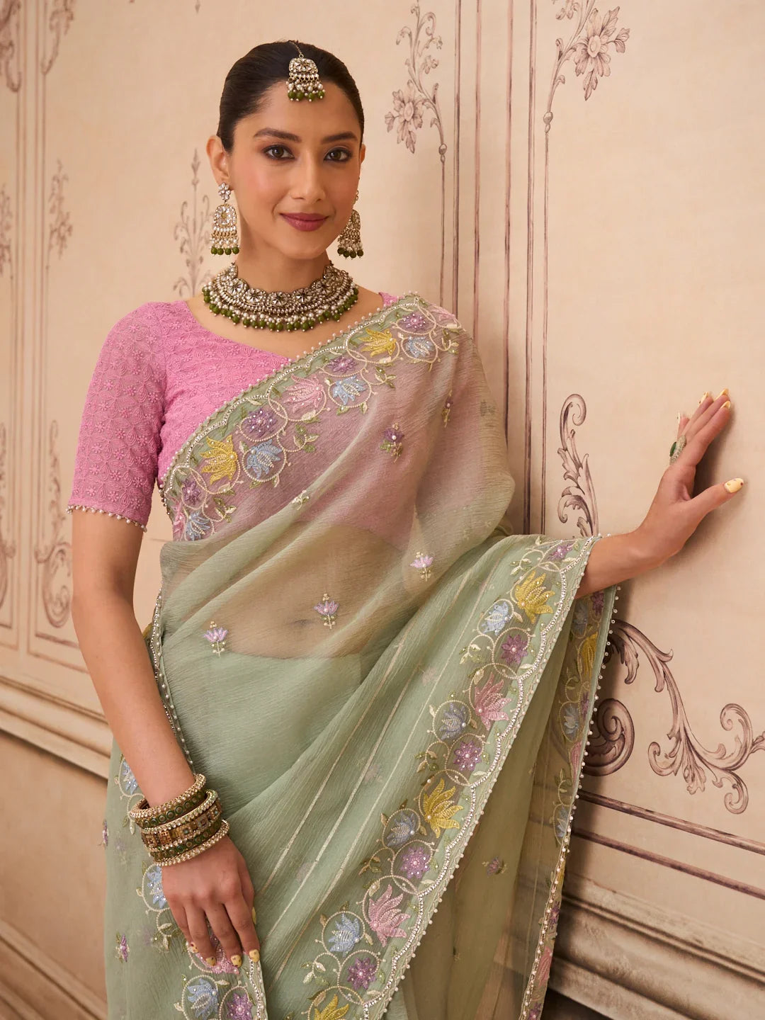 Laxmipati Mehfil Green Tissue Organza Embroidered Saree