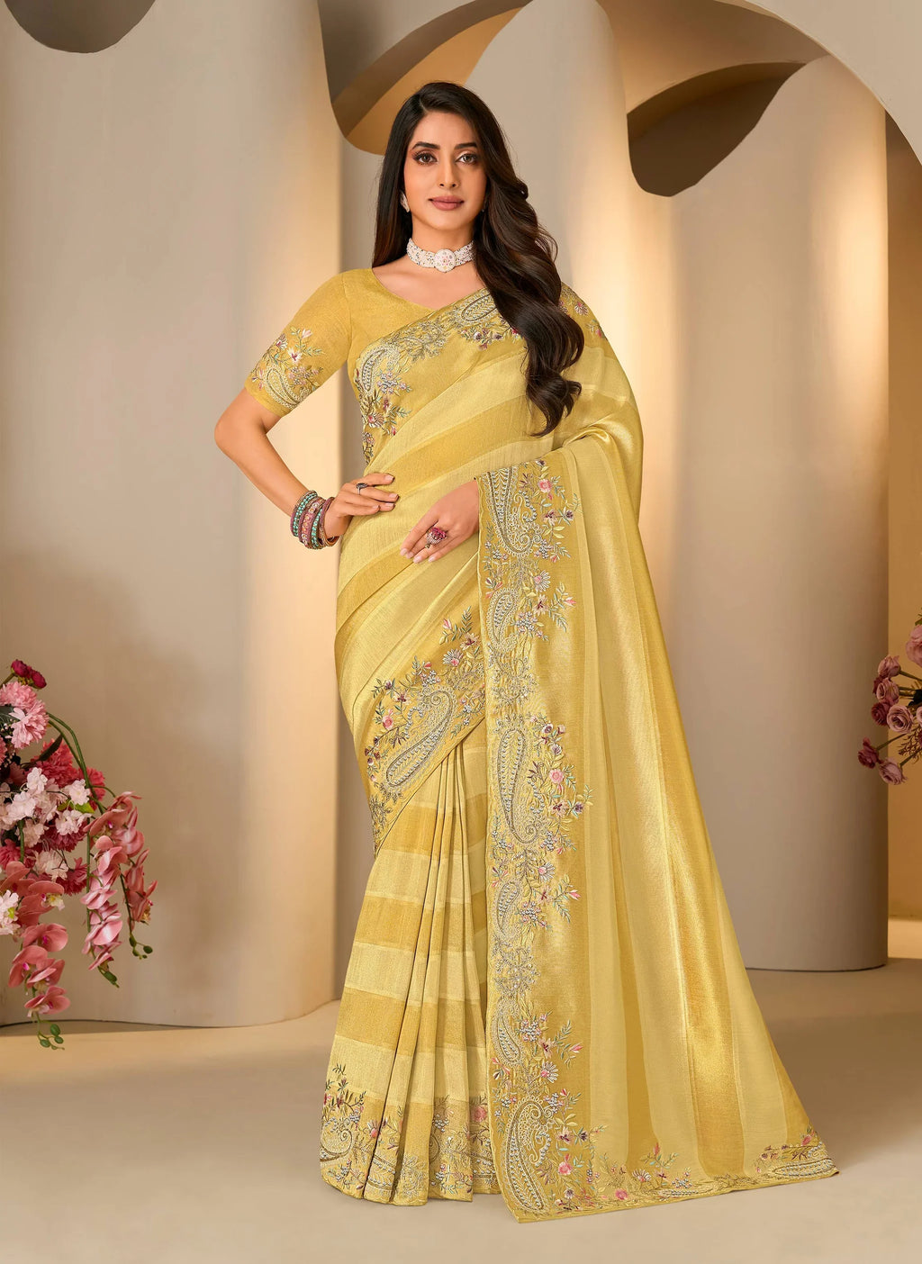 Laxmipati Jharokha Yellow Silk Blend Embroidered Saree