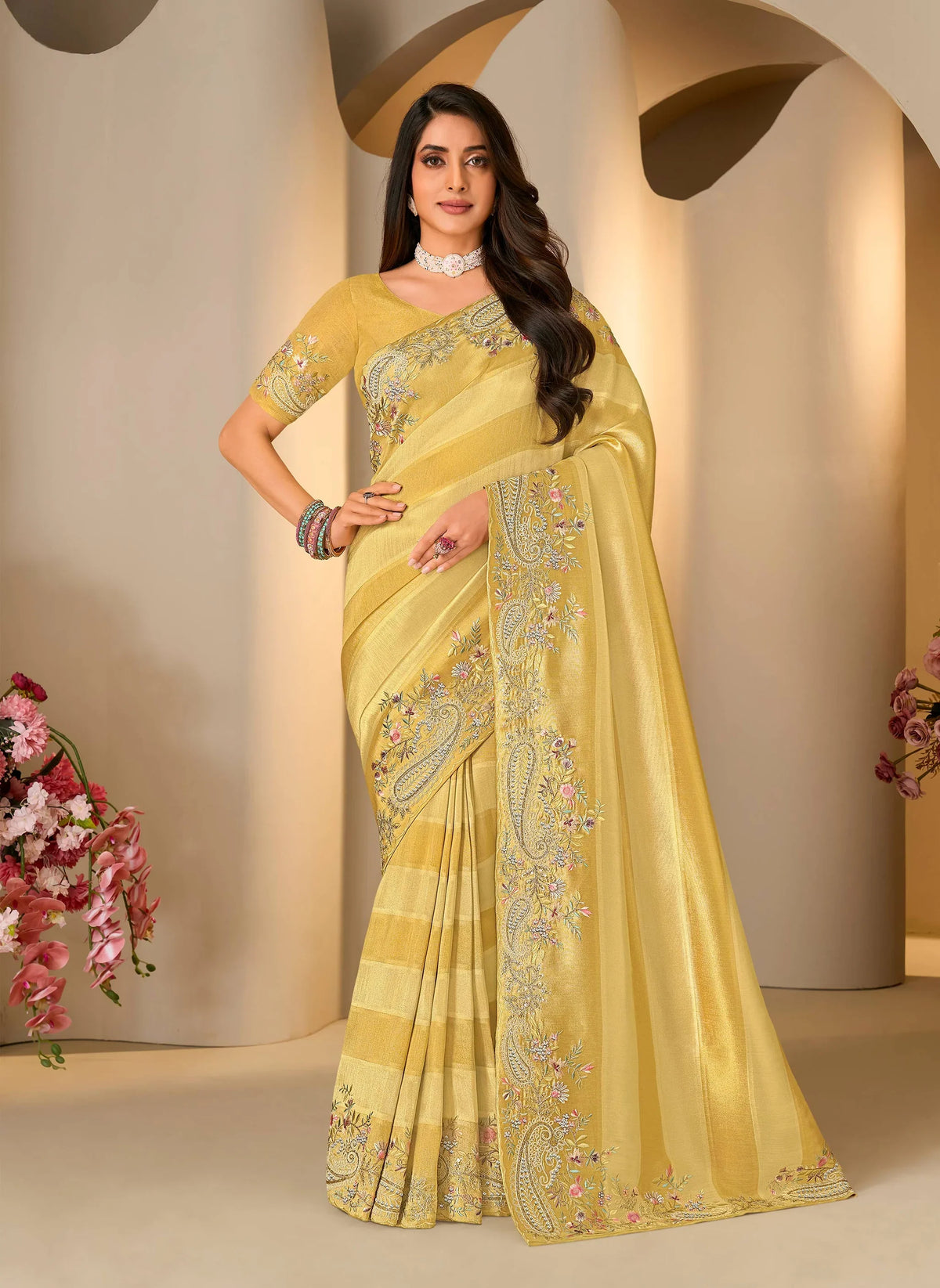 Laxmipati Jharokha Yellow Silk Blend Embroidered Saree