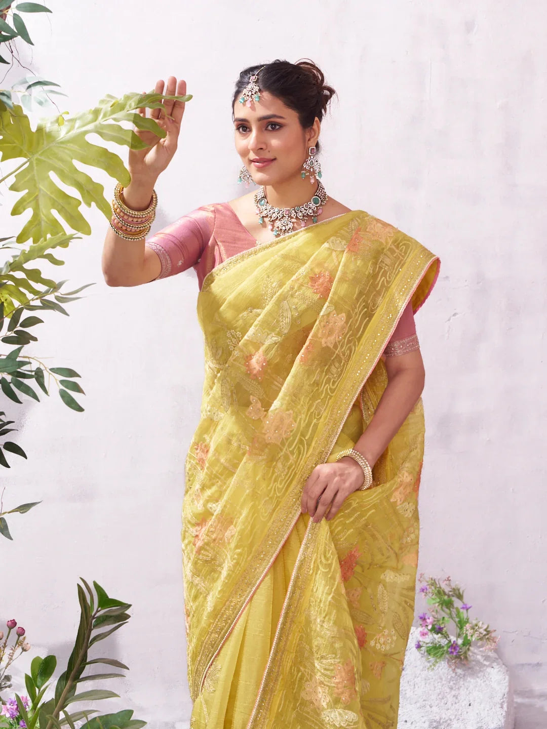 Laxmipati Malini Yellow Chiffon Embroidered Saree