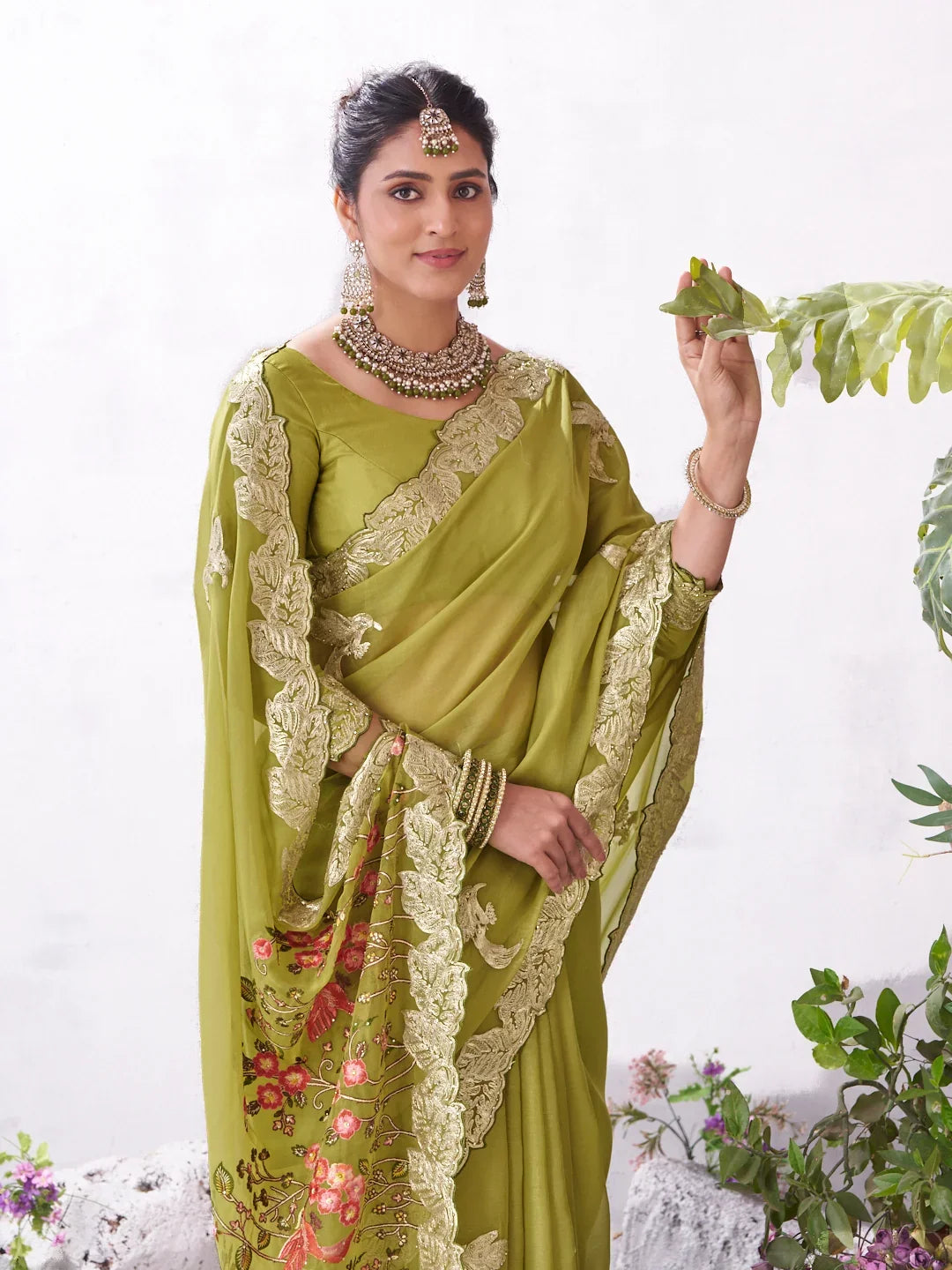 Laxmipati Malini Olive Green Tissue Organza Embroidered Saree