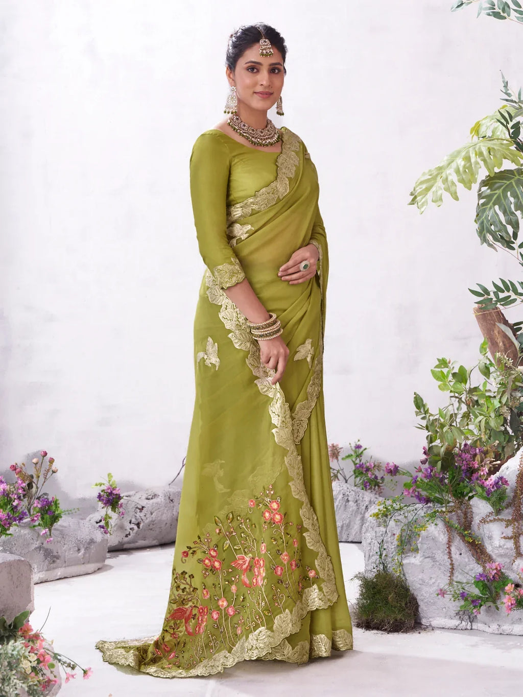 Laxmipati Malini Olive Green Tissue Organza Embroidered Saree