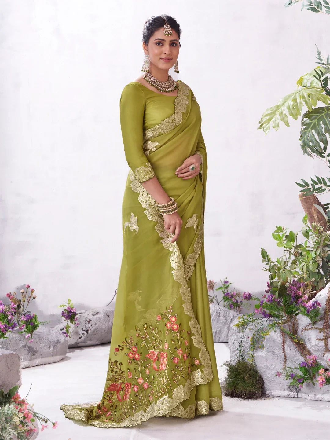 Laxmipati Malini Olive Green Tissue Organza Embroidered Saree