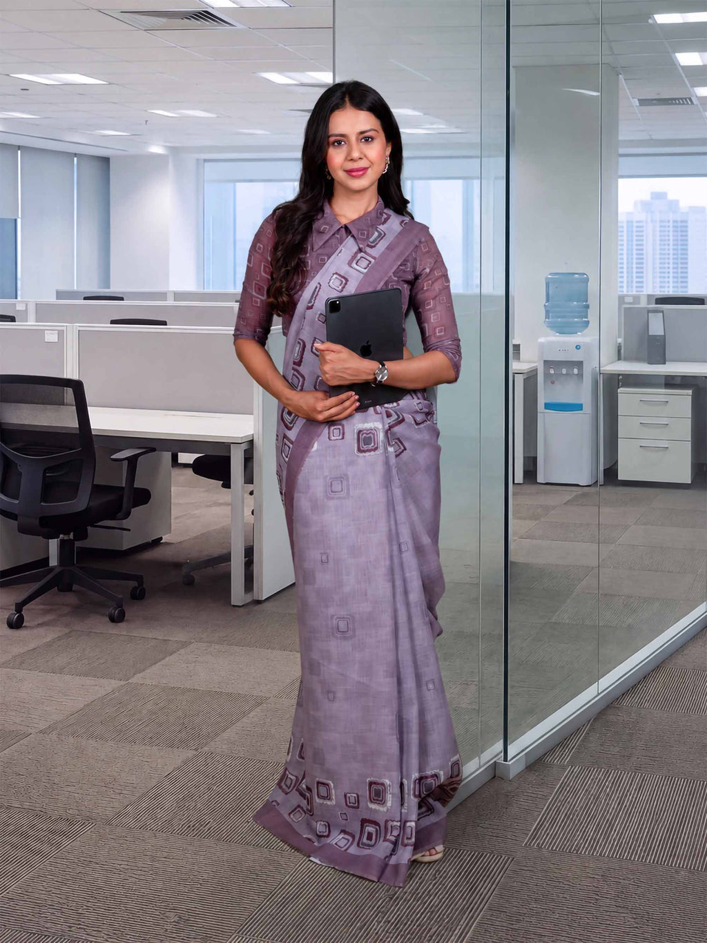 Laxmipati Power Pleats Grey Linen Geometric Printed Saree