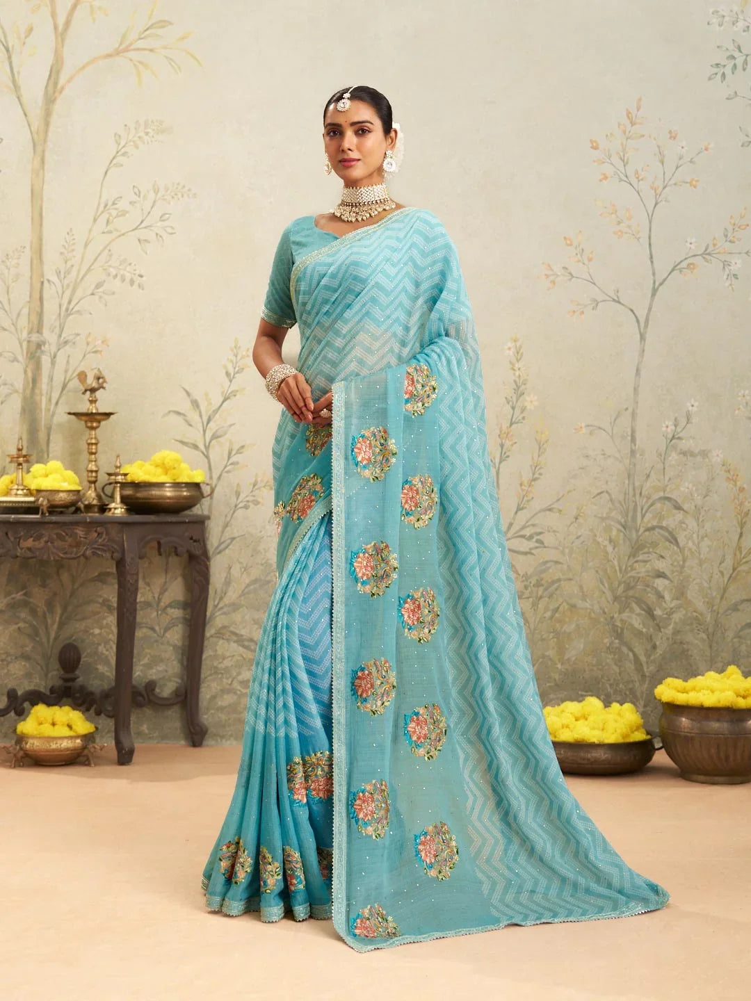 Laxmipati Deewangi Blue Chiffon Embroidered Saree