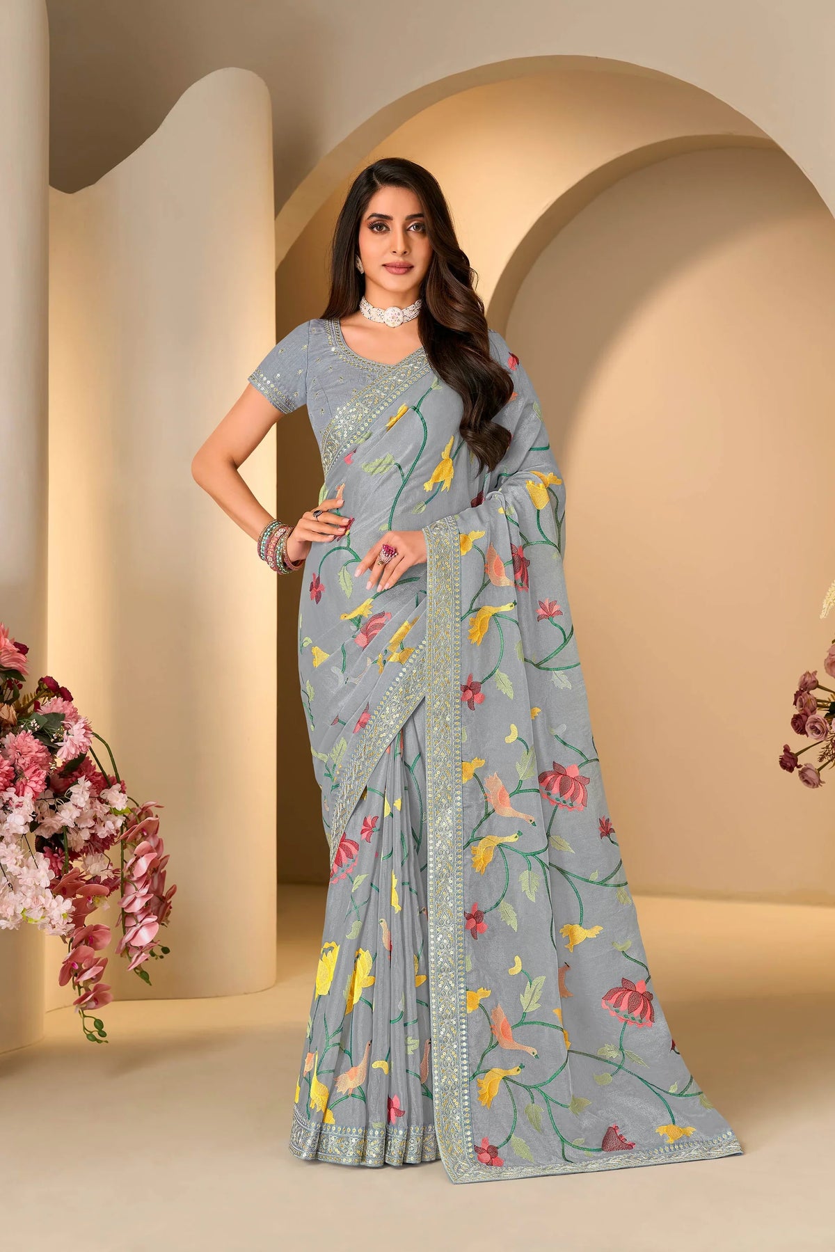Laxmipati Jharokha Grey Silk Blend Embroidered Saree