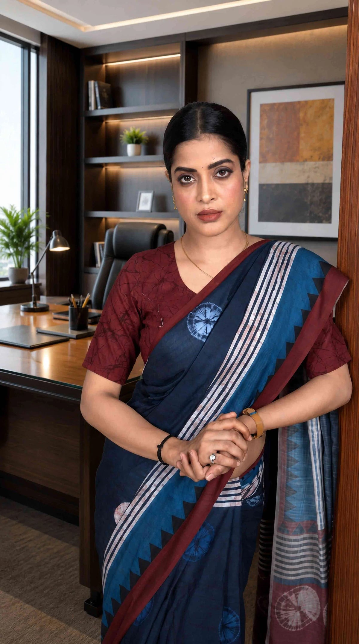 Laxmipati Power Pleats Blue Cotton Blend Geometric Printed Saree