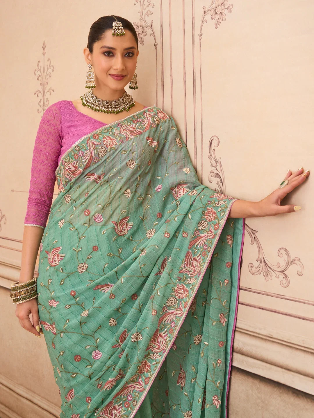 Laxmipati Mehfil Green Chiffon Embroidered Saree