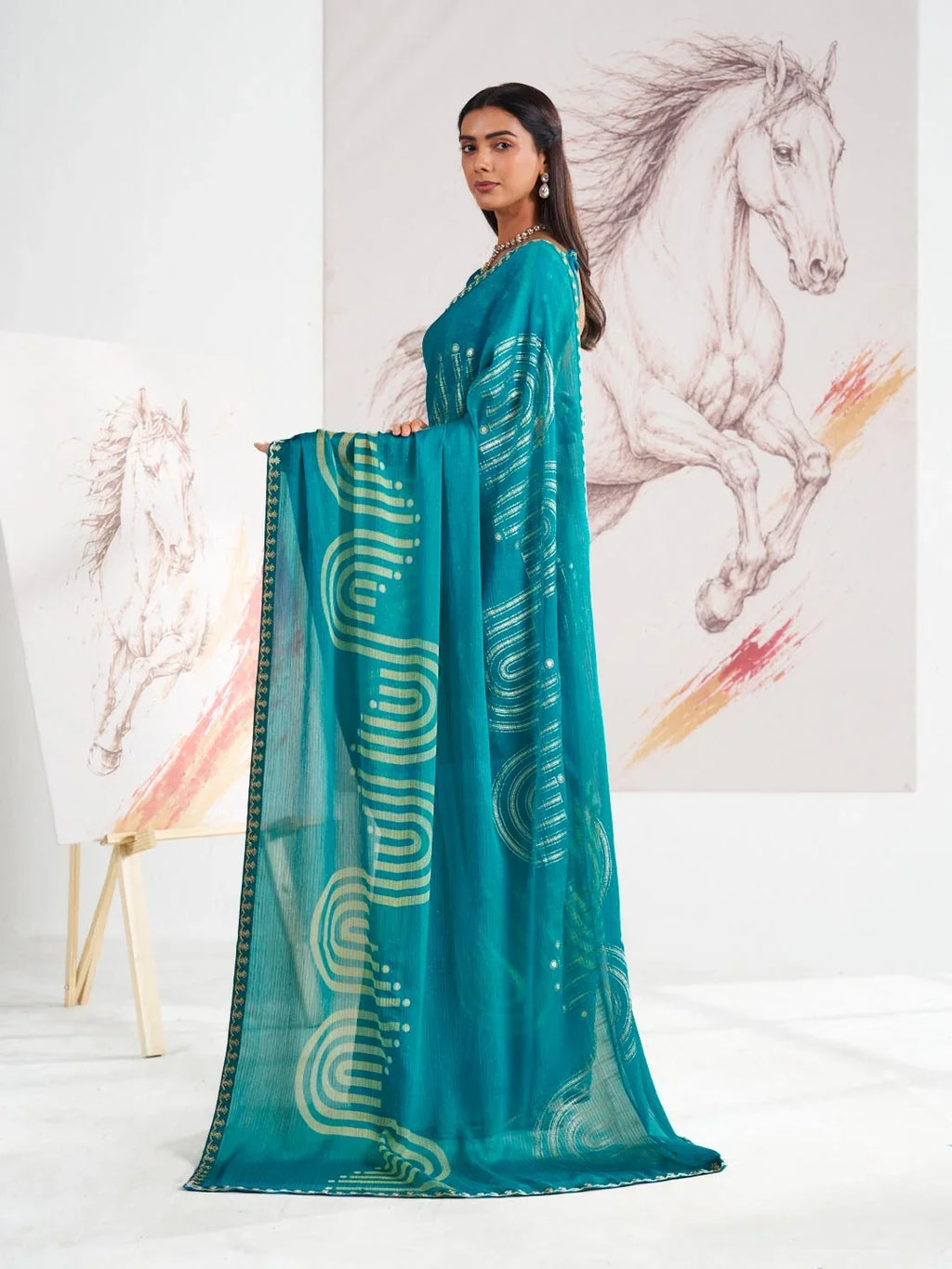 Laxmipati Murli Blue Chiffon Geometric Printed Saree