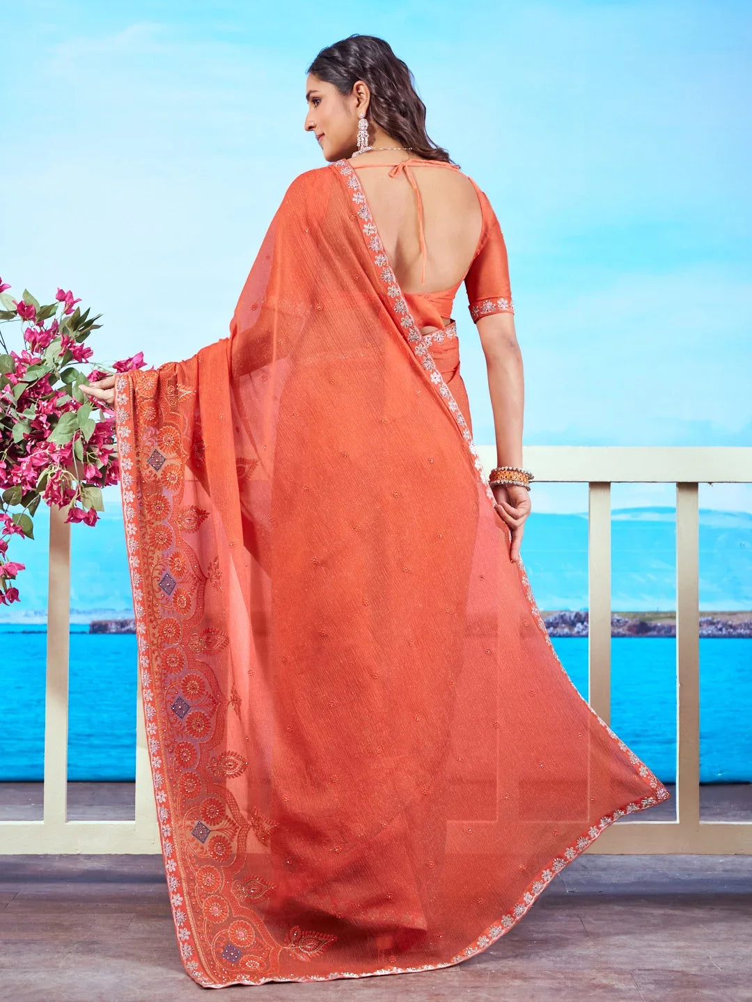 Laxmipati Navya Orange Chiffon Embroidered Saree