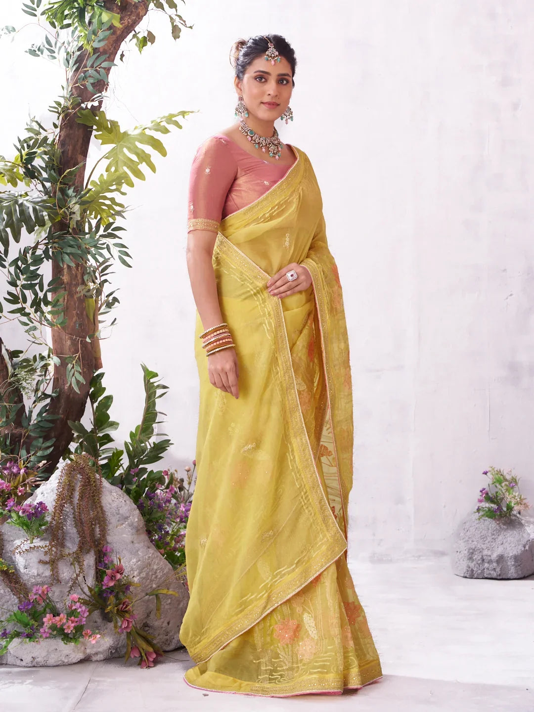 Laxmipati Malini Yellow Chiffon Embroidered Saree