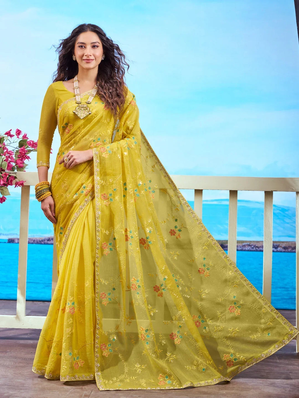 Laxmipati Navya Yellow Chiffon Embroidered Saree