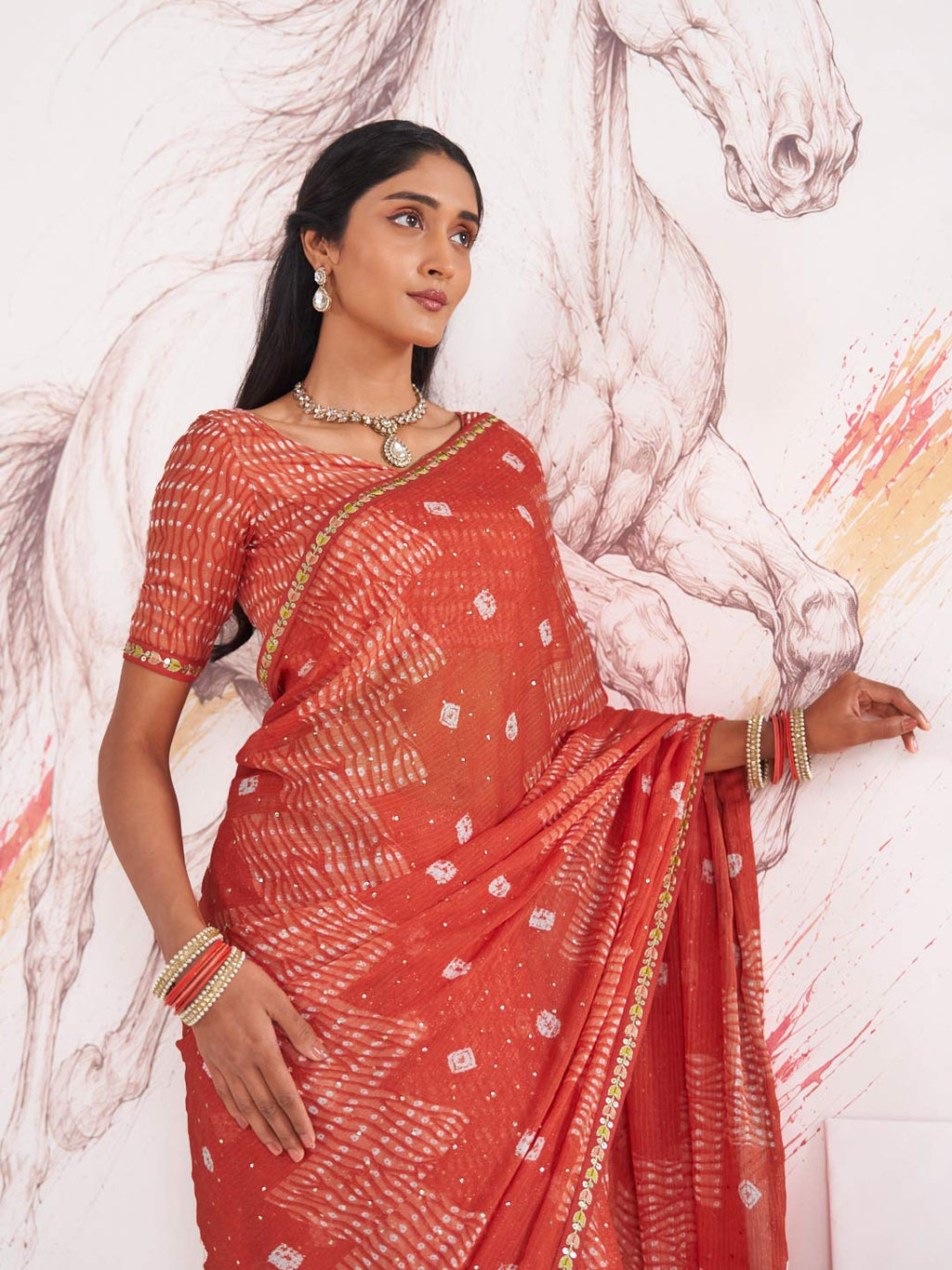 Laxmipati Murli Orange Chiffon Geometric Printed Saree