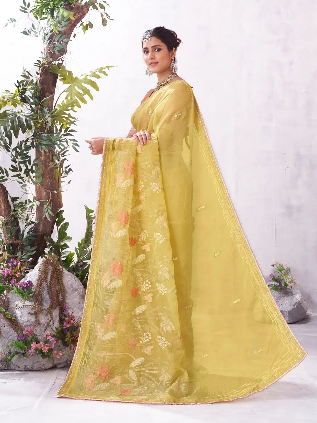 Laxmipati Malini Yellow Chiffon Embroidered Saree