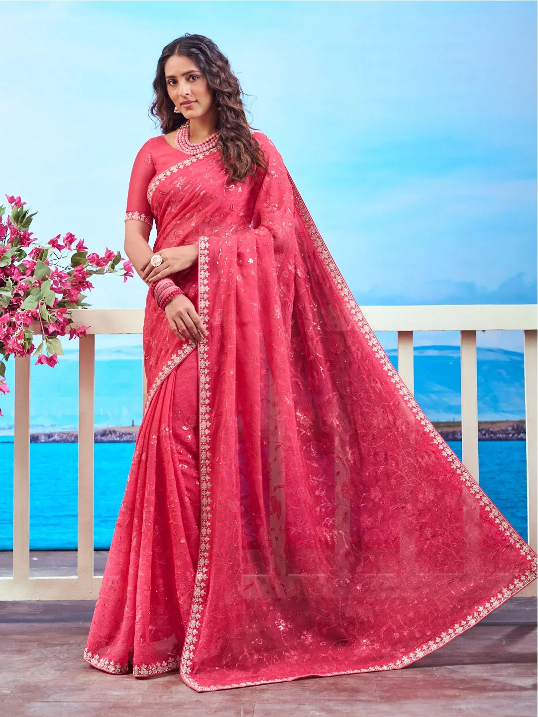 Laxmipati Navya Red Chiffon Embroidered Saree