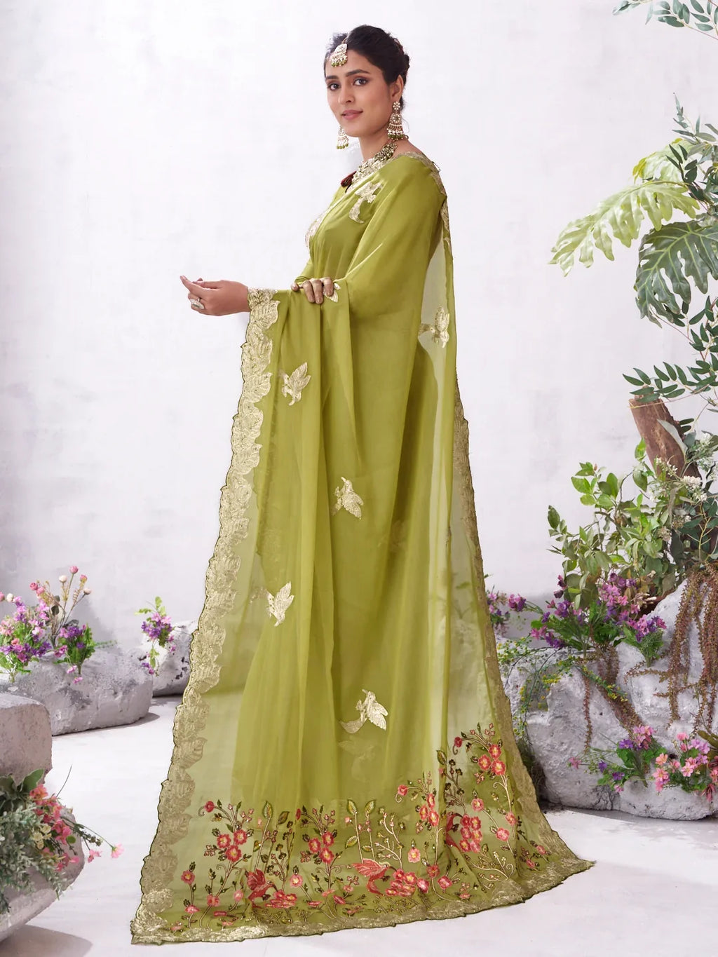 Laxmipati Malini Olive Green Tissue Organza Embroidered Saree