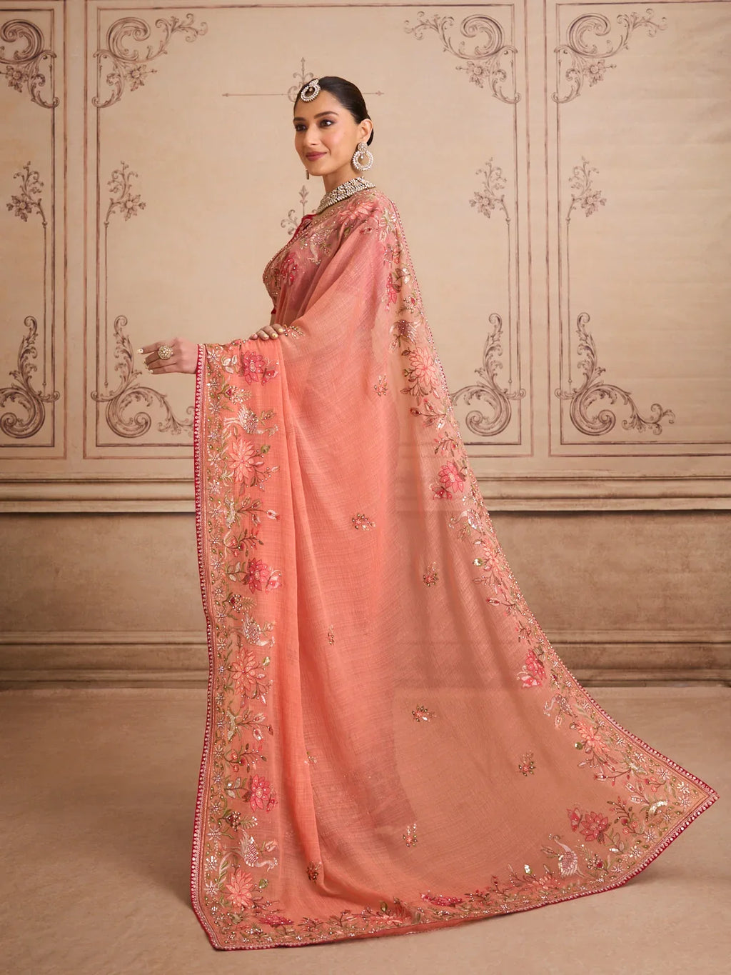Laxmipati Mehfil Peach Chiffon Embroidered Saree