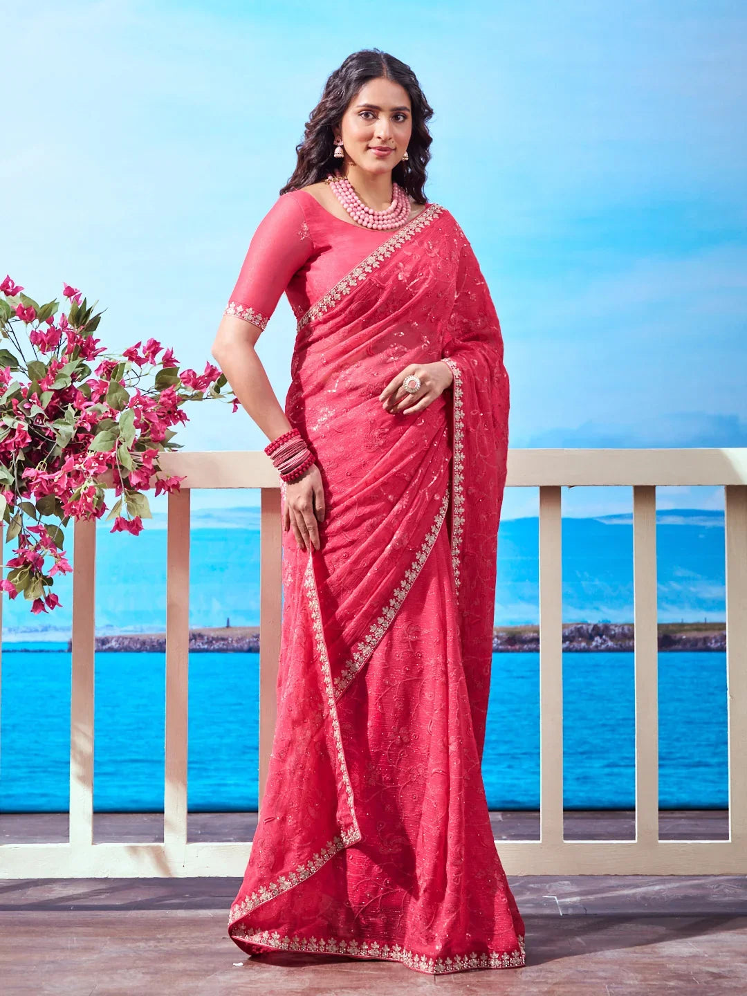 Laxmipati Navya Red Chiffon Embroidered Saree