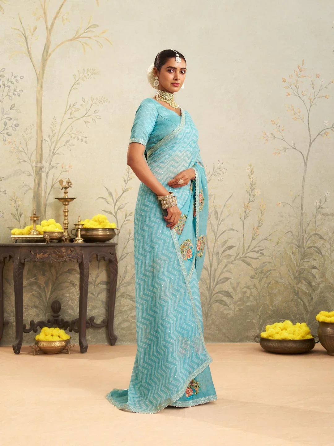 Laxmipati Deewangi Blue Chiffon Embroidered Saree