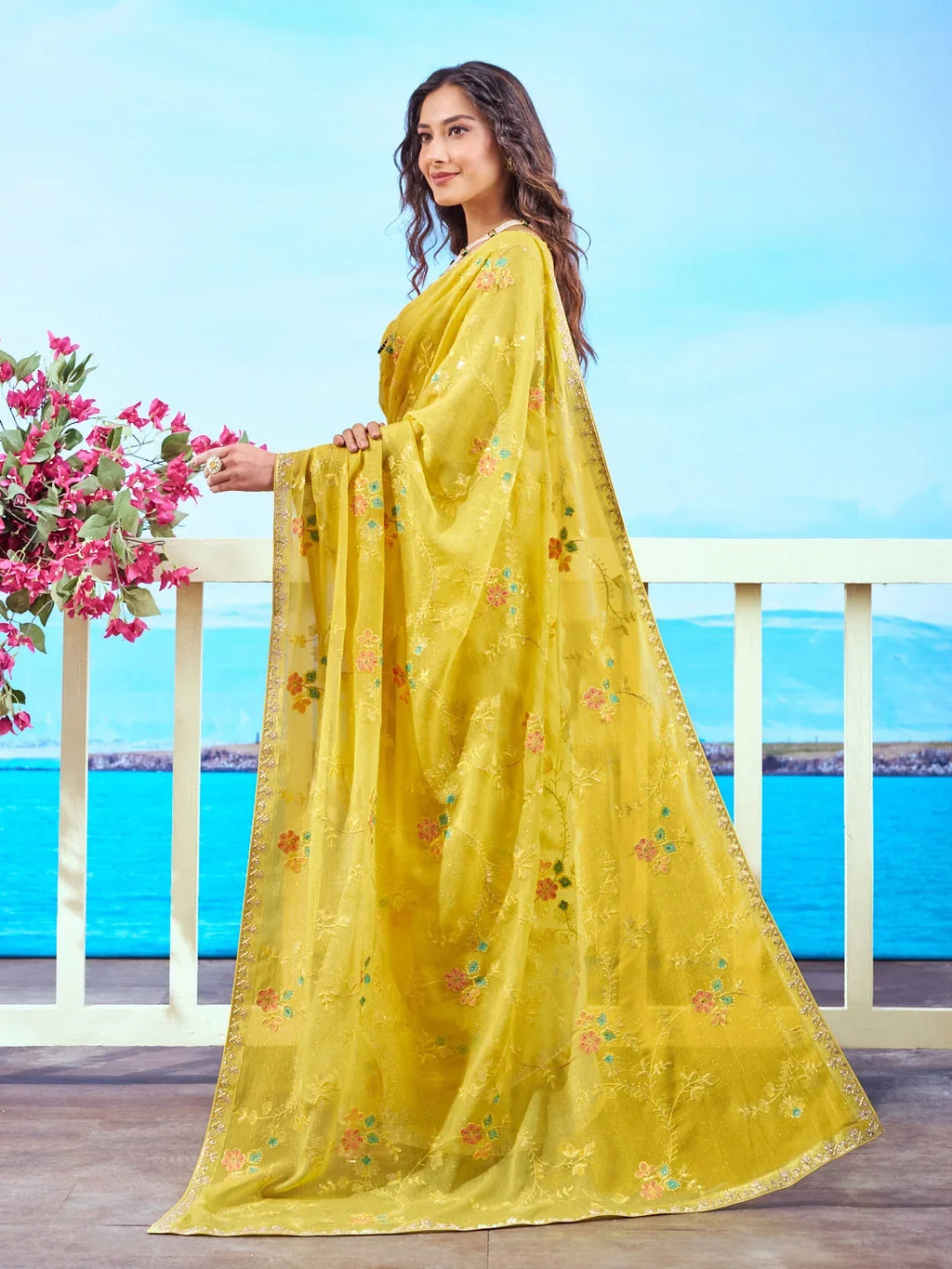 Laxmipati Navya Yellow Chiffon Embroidered Saree