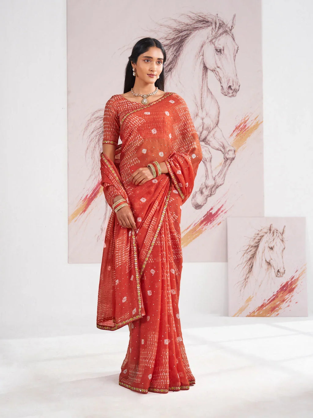 Laxmipati Murli Orange Chiffon Geometric Printed Saree