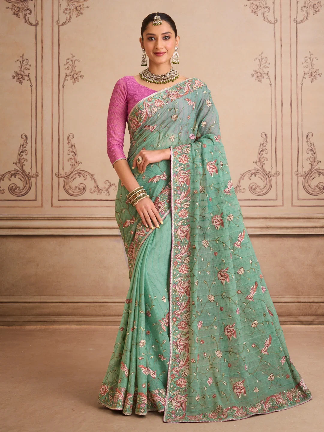 Laxmipati Mehfil Green Chiffon Embroidered Saree