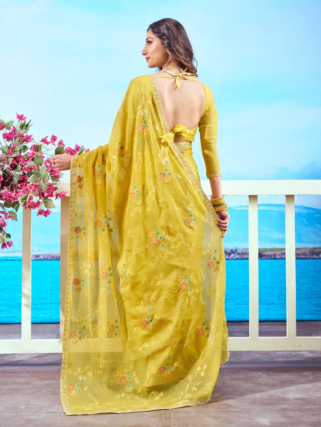 Laxmipati Navya Yellow Chiffon Embroidered Saree