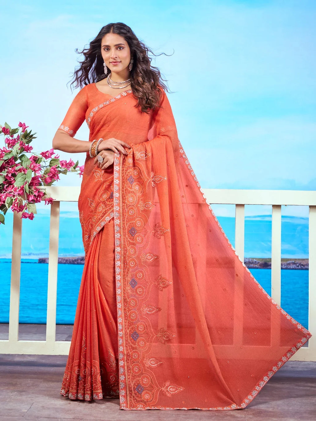 Laxmipati Navya Orange Chiffon Embroidered Saree