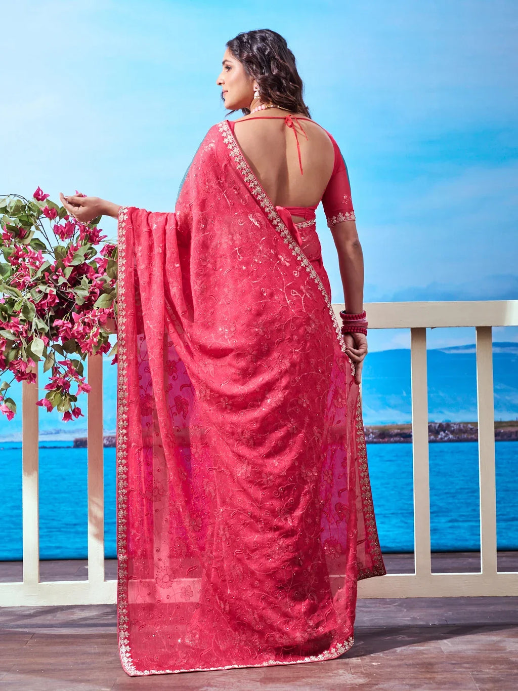 Laxmipati Navya Red Chiffon Embroidered Saree