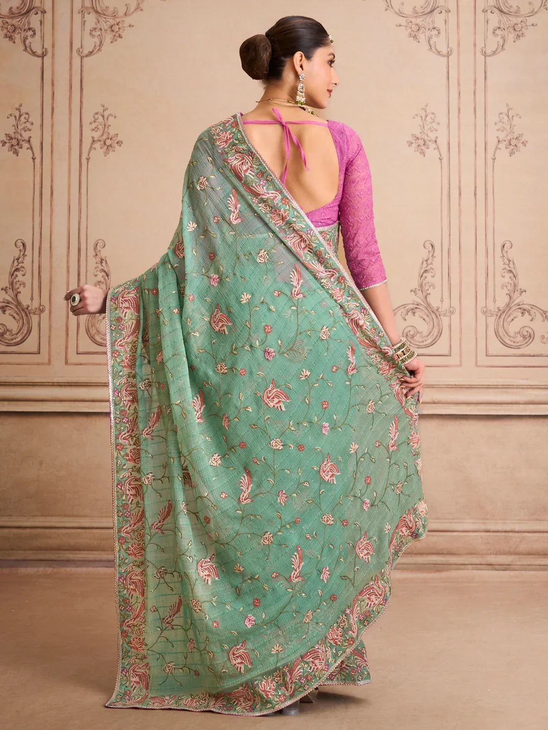 Laxmipati Mehfil Green Chiffon Embroidered Saree