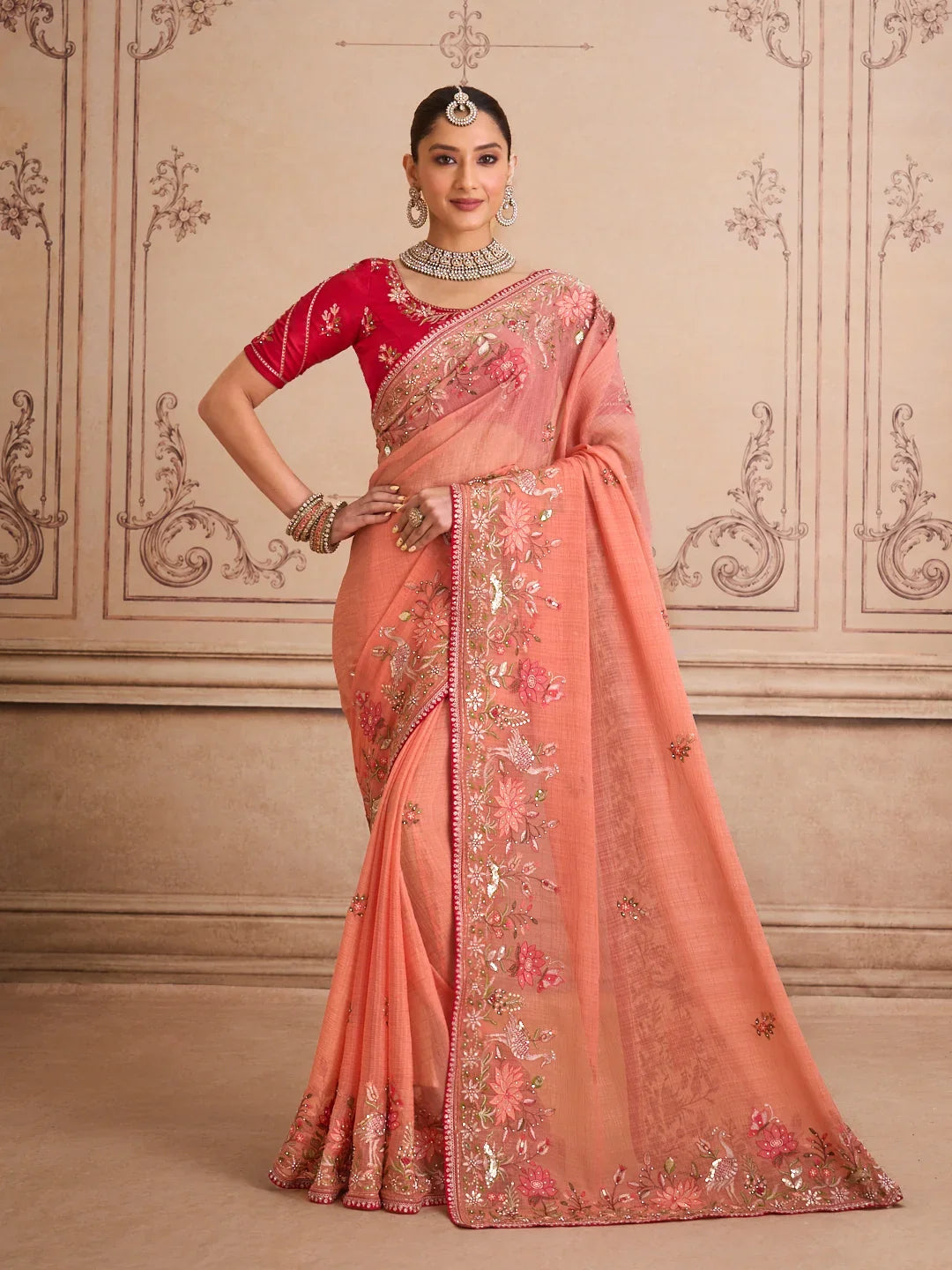 Laxmipati Mehfil Peach Chiffon Embroidered Saree