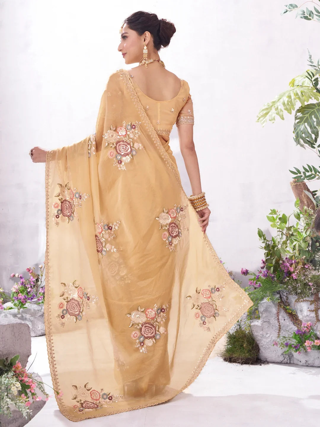 Laxmipati Malini Brown Silk Blend Embroidered Saree
