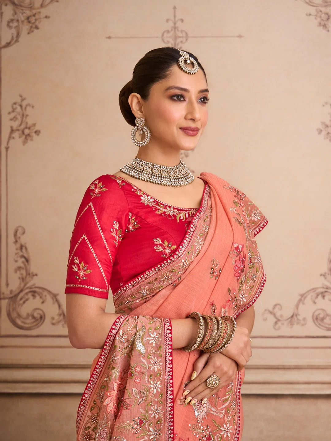 Laxmipati Mehfil Peach Chiffon Embroidered Saree